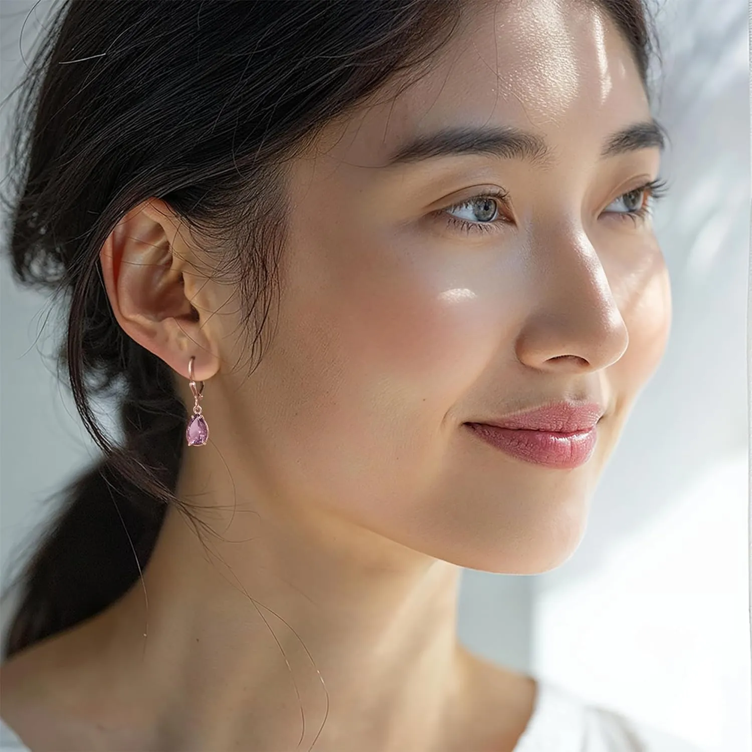 14K Rose Gold Plated Amethyst Leverback Earrings - Drop Earrings for Women - February Birthstone, Handmade 7x10 mm Teardrop Gemstone Vintage Jewelry - Trendy and Classic Elegant Gift for Women