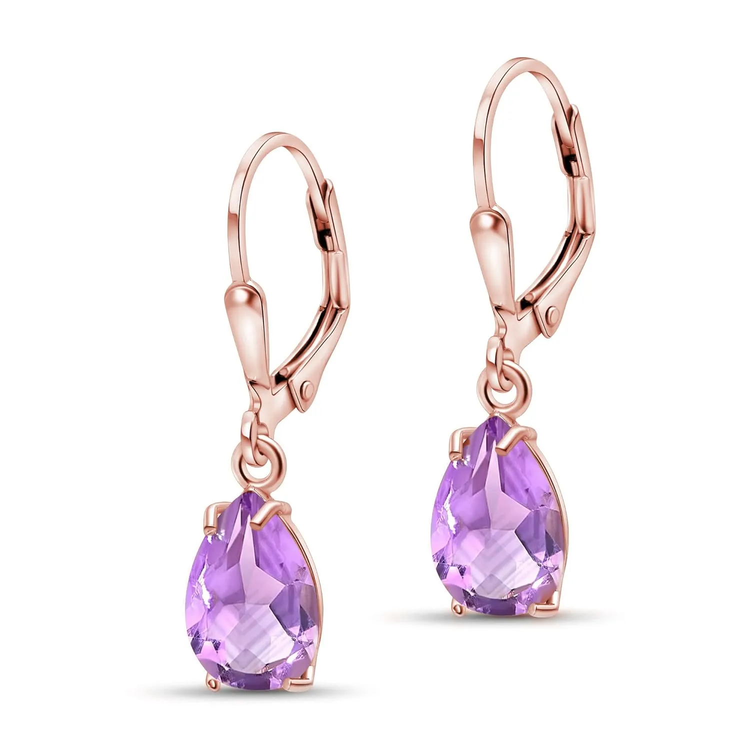 14K Rose Gold Plated Amethyst Leverback Earrings - Drop Earrings for Women - February Birthstone, Handmade 7x10 mm Teardrop Gemstone Vintage Jewelry - Trendy and Classic Elegant Gift for Women