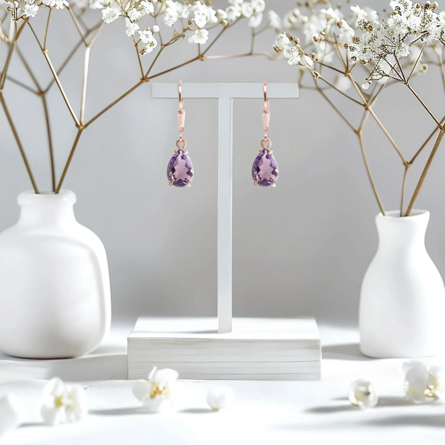 14K Rose Gold Plated Amethyst Leverback Earrings - Drop Earrings for Women - February Birthstone, Handmade 7x10 mm Teardrop Gemstone Vintage Jewelry - Trendy and Classic Elegant Gift for Women
