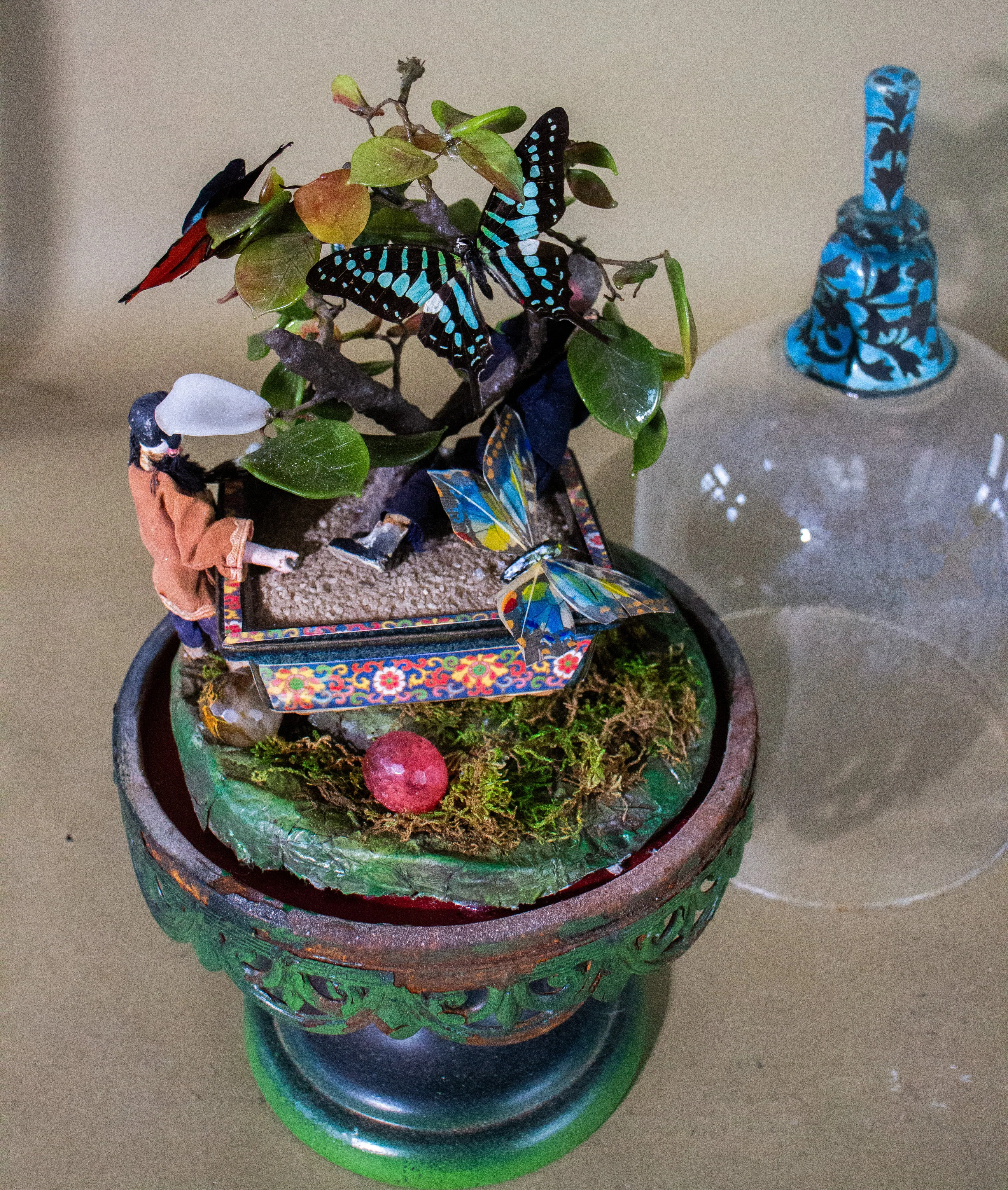 Asian Domed Lepidoptera Dream  Diorama Landscape with  Butterflies on a Jade Tree