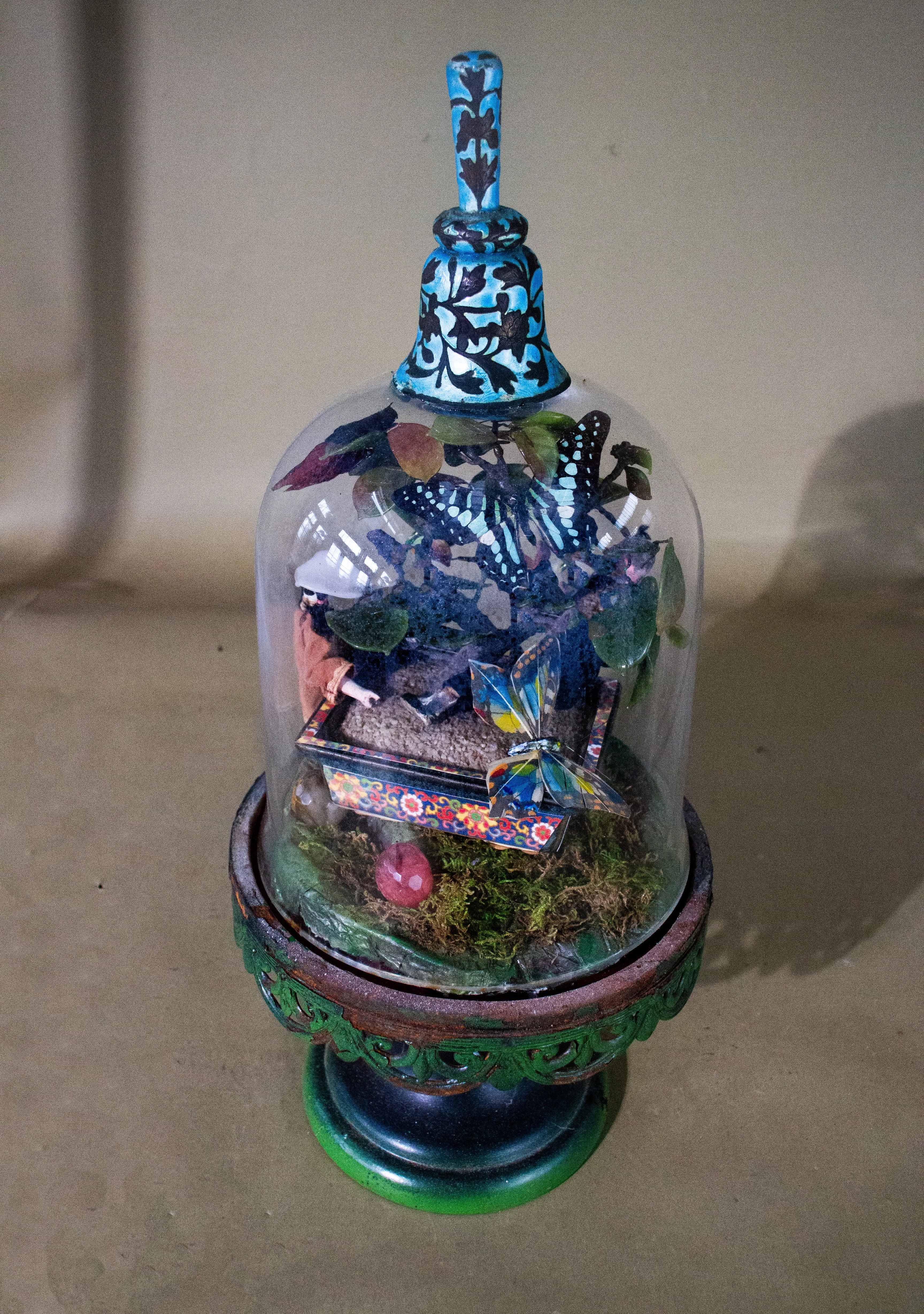 Asian Domed Lepidoptera Dream  Diorama Landscape with  Butterflies on a Jade Tree
