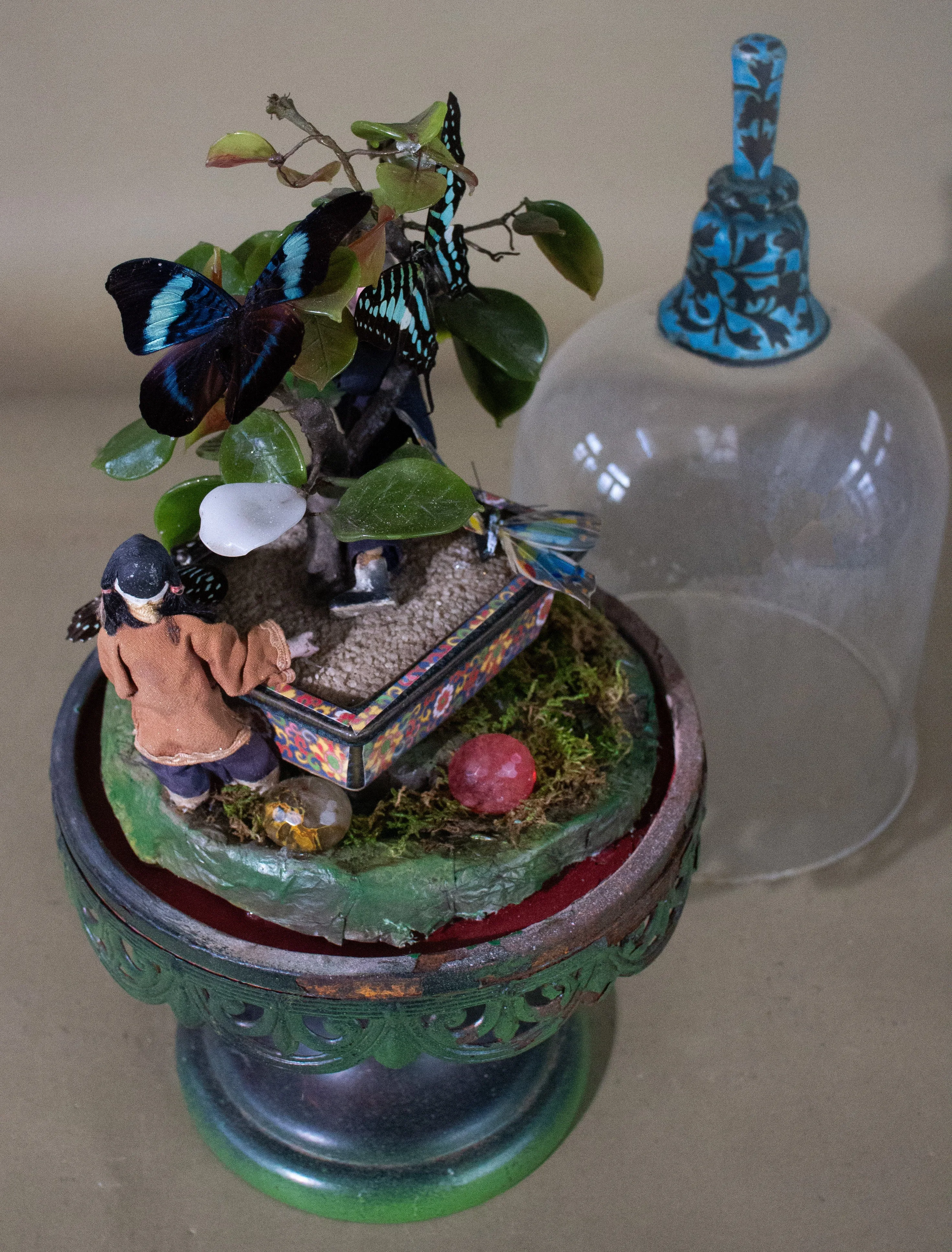 Asian Domed Lepidoptera Dream  Diorama Landscape with  Butterflies on a Jade Tree