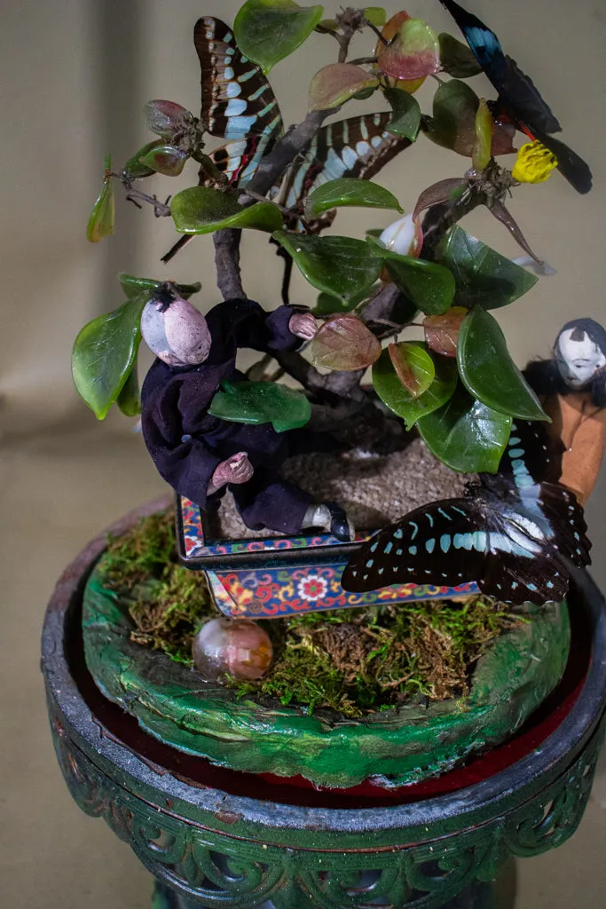 Asian Domed Lepidoptera Dream  Diorama Landscape with  Butterflies on a Jade Tree