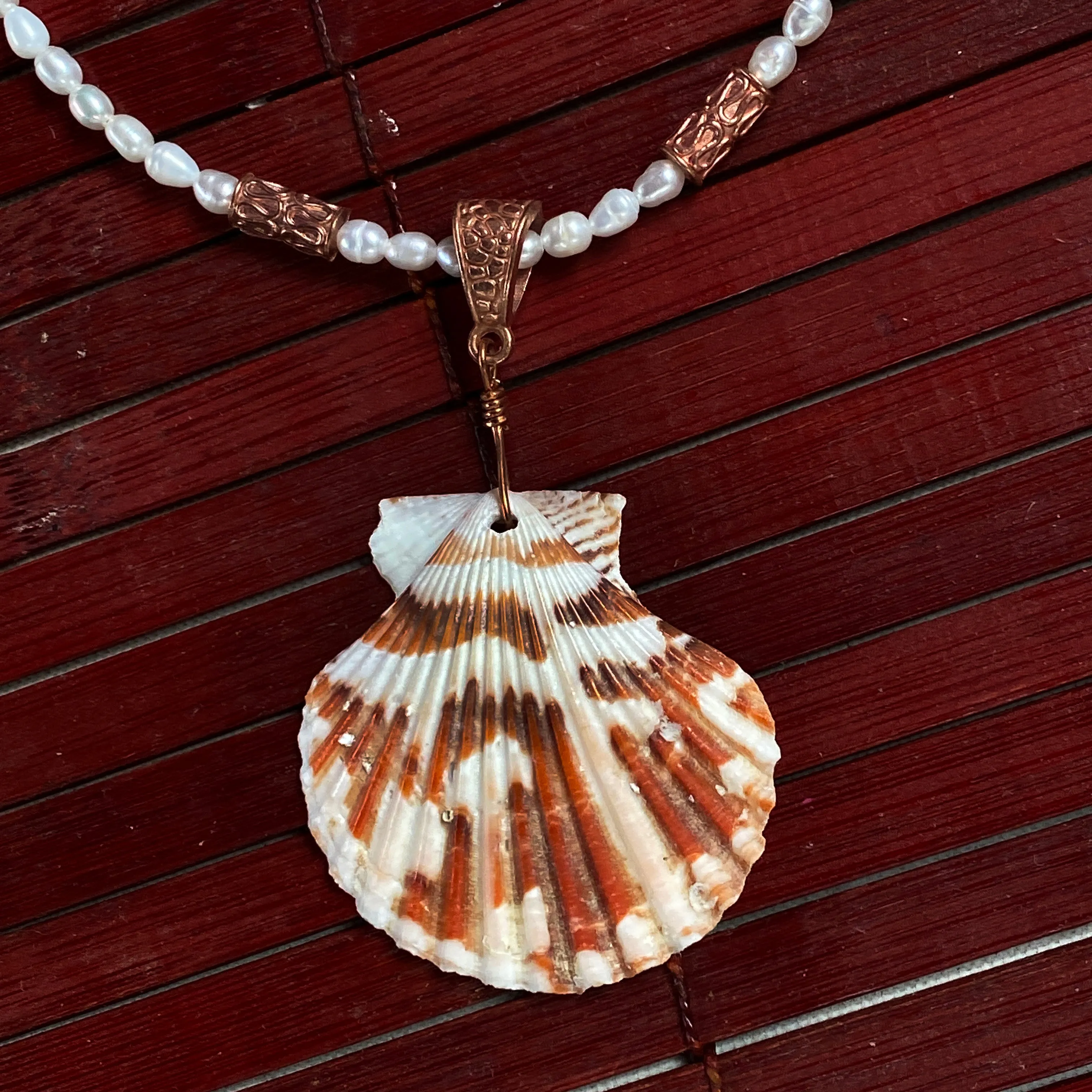 Elegant Beaded Pearl Necklace with Unique Shell Pendant