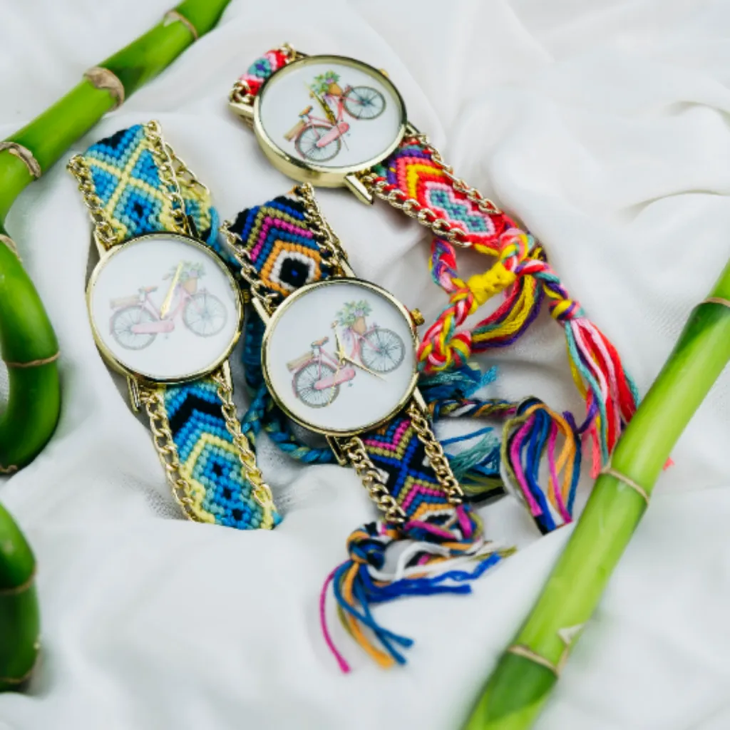 Boho Bracelet Cycle Print Jute Braided Gypsy Wrist Watch for Women