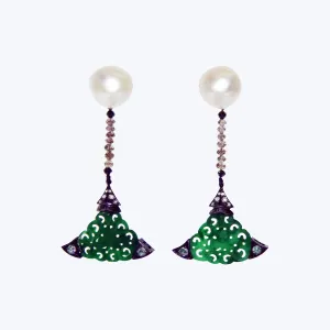 Carved Jade Earrings with Pearl & Diamond