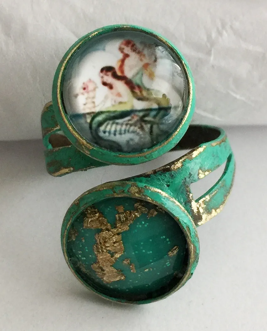 Glass Mermaid Cabochon Adjustable Wrap Ring v1