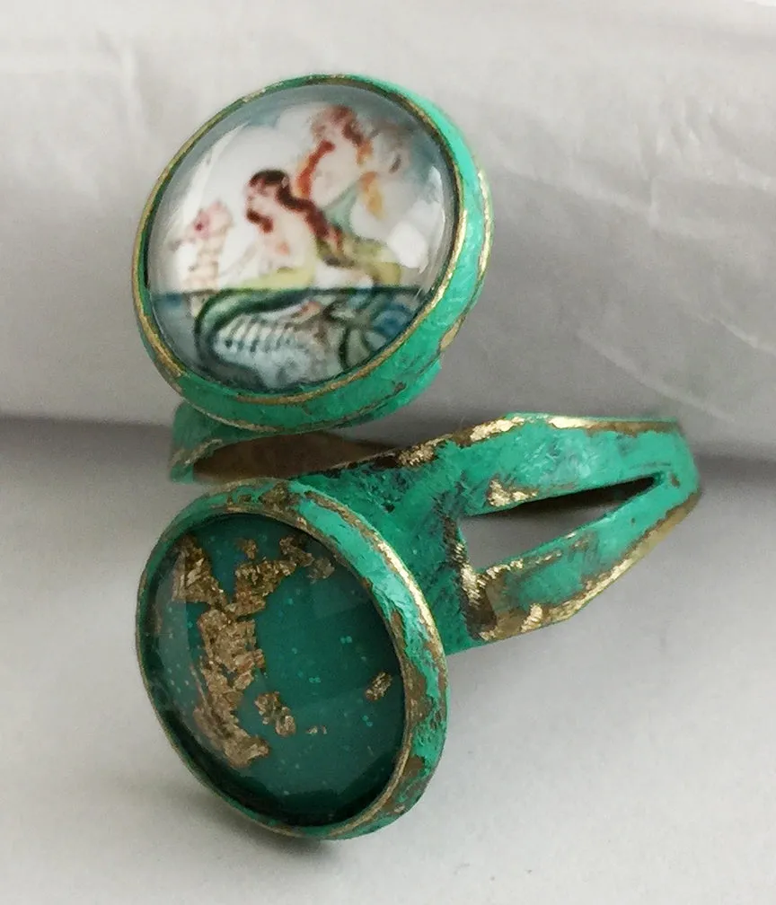 Glass Mermaid Cabochon Adjustable Wrap Ring v1