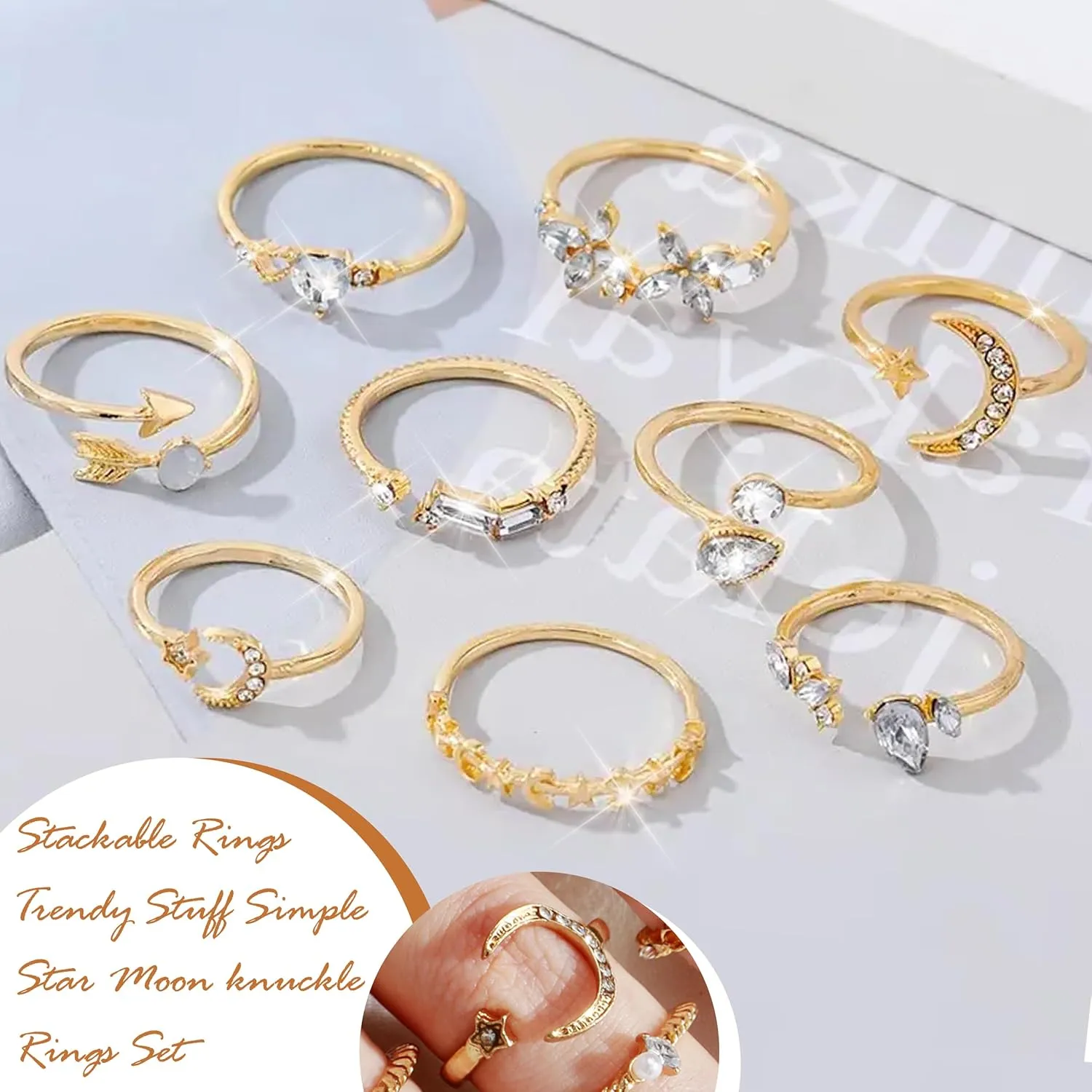 Gold Stackable Rings for Women Gifts Trendy Stuff Simple Star Moon Heart Knuckle Ring Set Boho Cute Stuff Gold Ring Pack Jewelry Birthday Mothers Day Gifts
