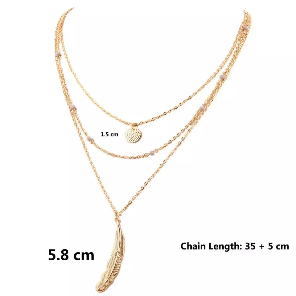 Golden Feather and Wafer Pendant Multilayer Chain Necklace