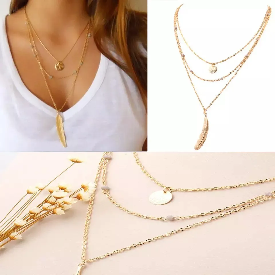 Golden Feather and Wafer Pendant Multilayer Chain Necklace