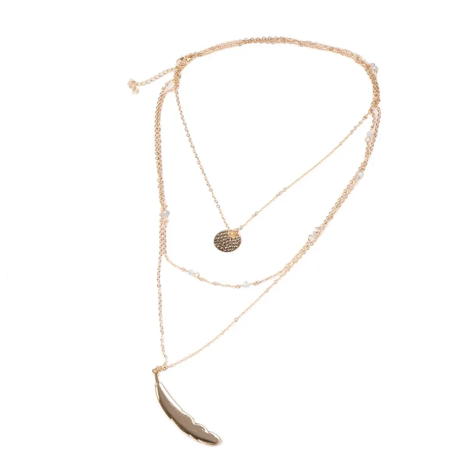 Golden Feather and Wafer Pendant Multilayer Chain Necklace