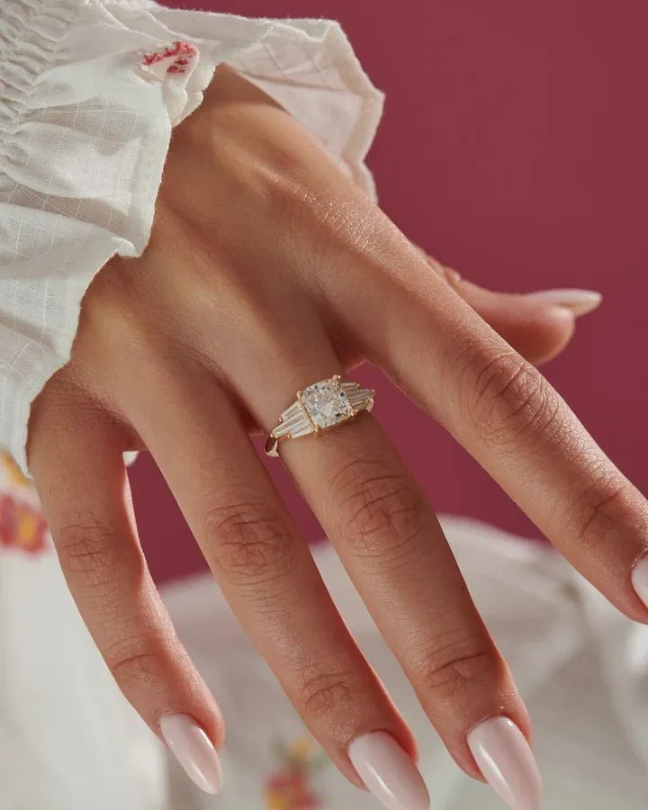 ORDER ONLY: 18K Gold Cushion-Shaped Diamond Ring with Baguette Wings