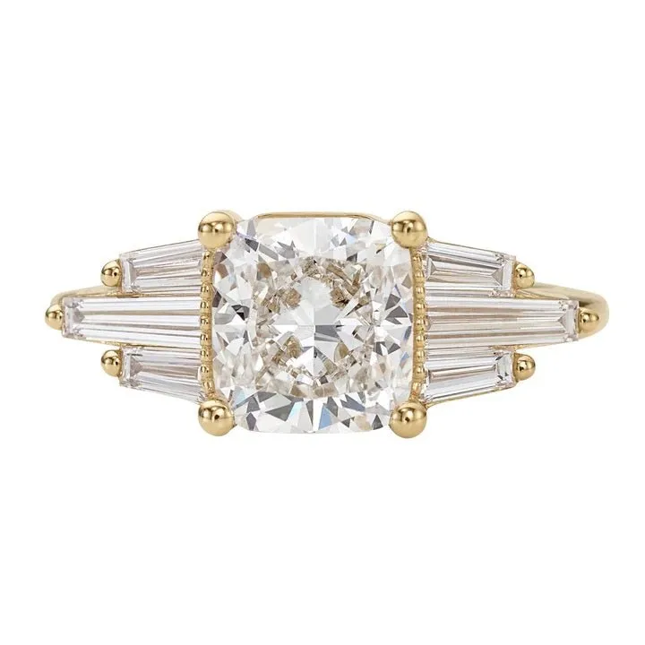 ORDER ONLY: 18K Gold Cushion-Shaped Diamond Ring with Baguette Wings